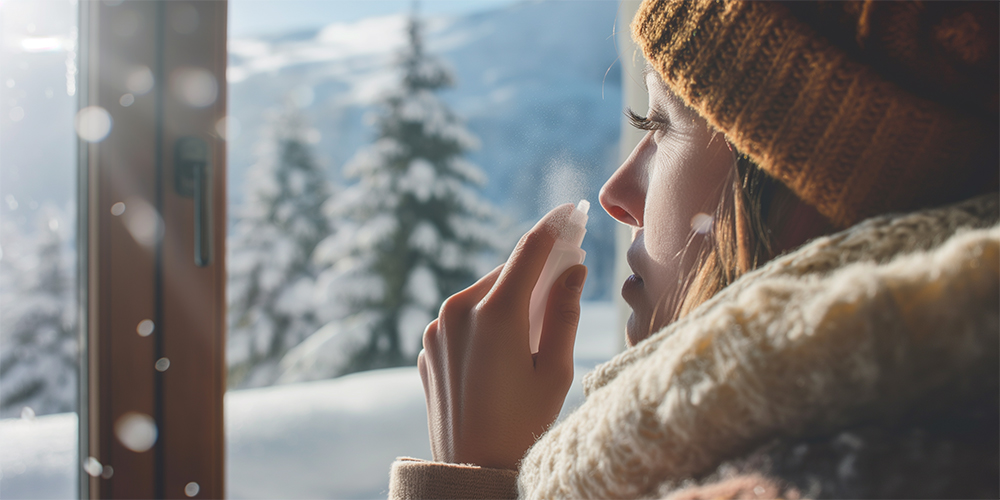 sense of smell restoration - woman looking through a window while using nose spray in the winter